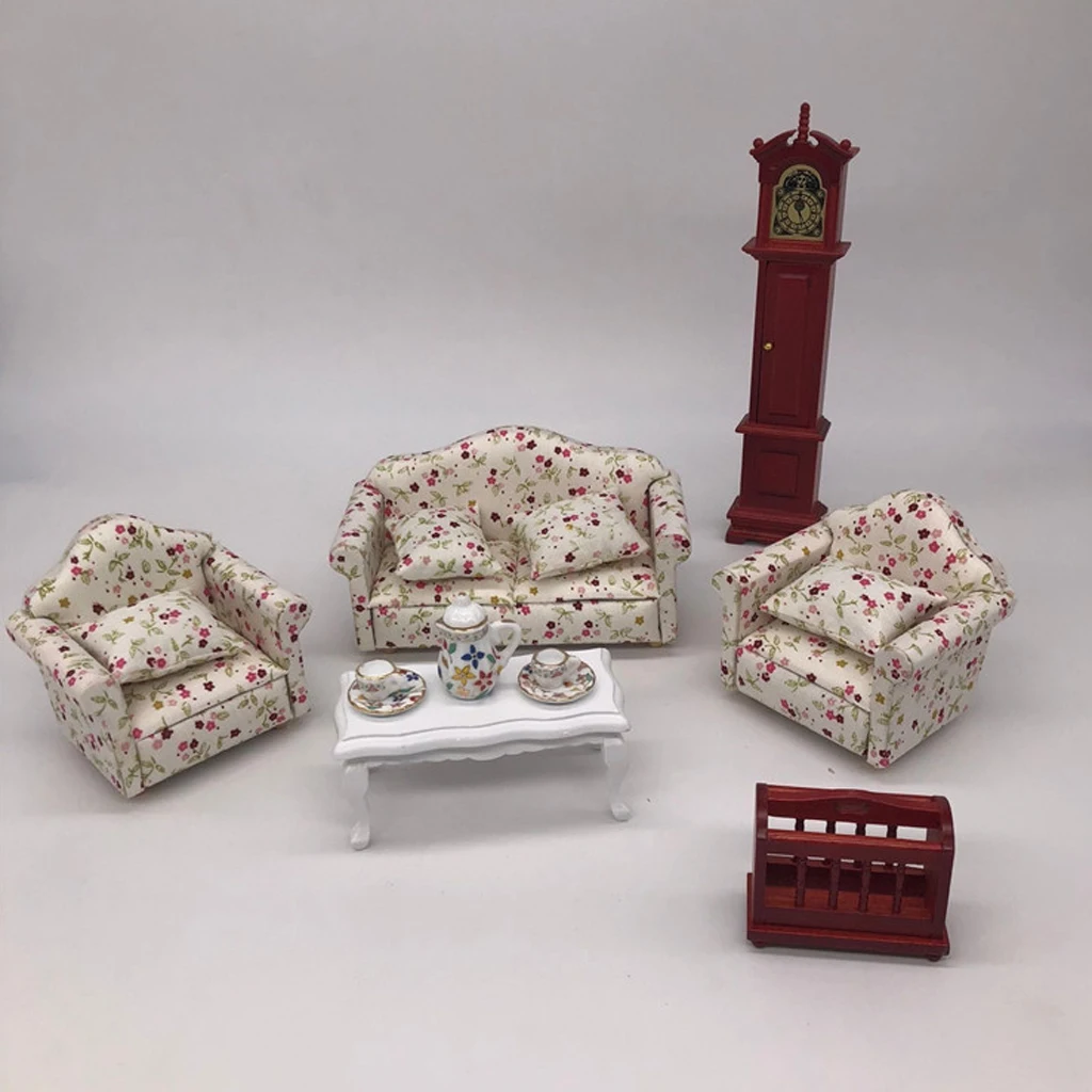 

1:12 Dolls House Living Room Furniture - Floral Sofa, End Table, Vertical Clock And Tableware
