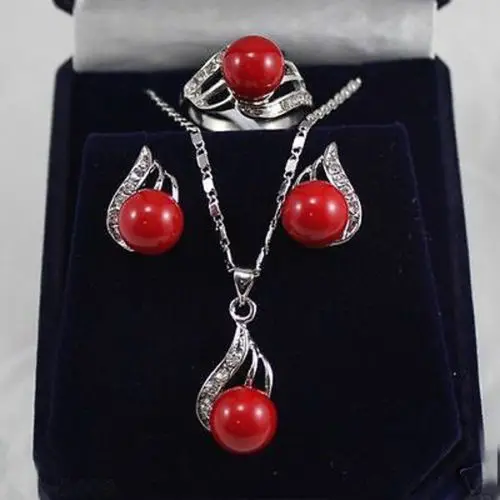 

shitou 00542 Genuine 10mm Coral Red South Sea Shell Pearl 18KGP Earrings Necklace Ring A Set