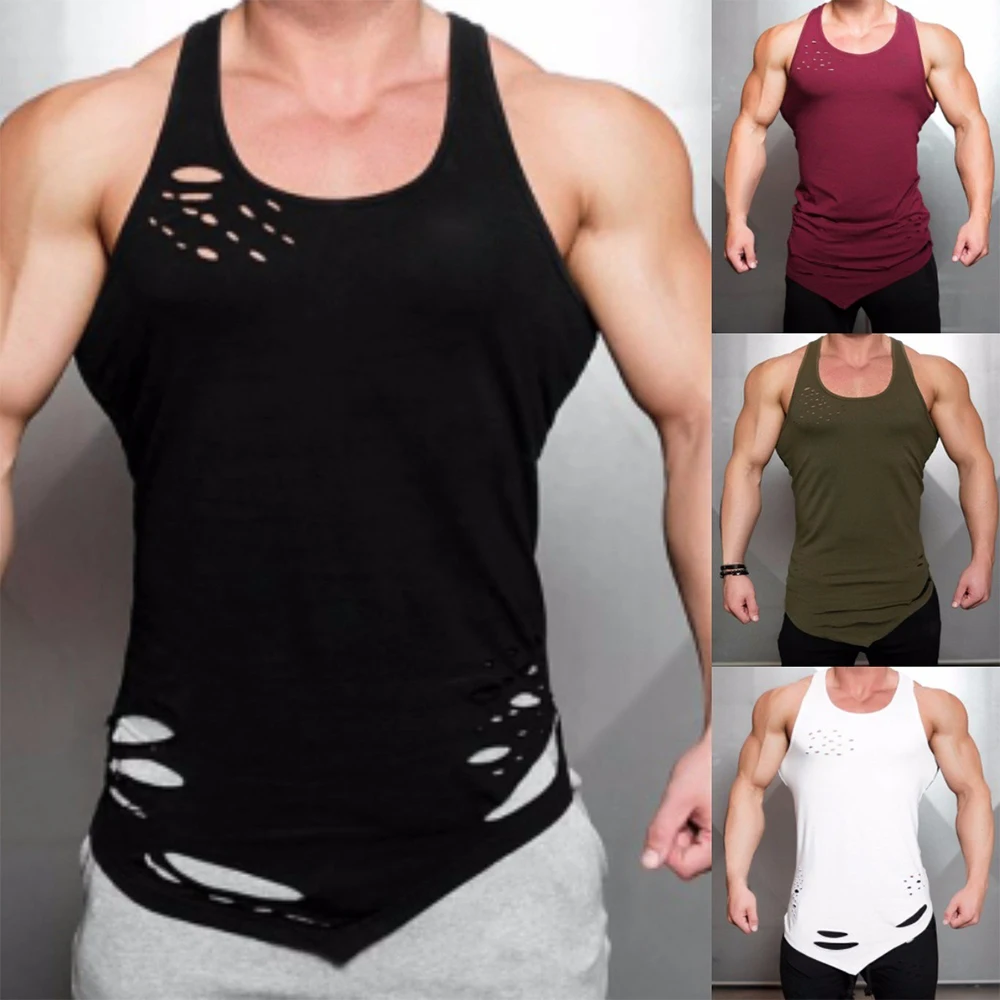 

OA Men's Fitness Tear Hole Irregular Tank Tops Gyms Workout Breathable Sleeveless Vests Solid Bodybuilding Singlet for male