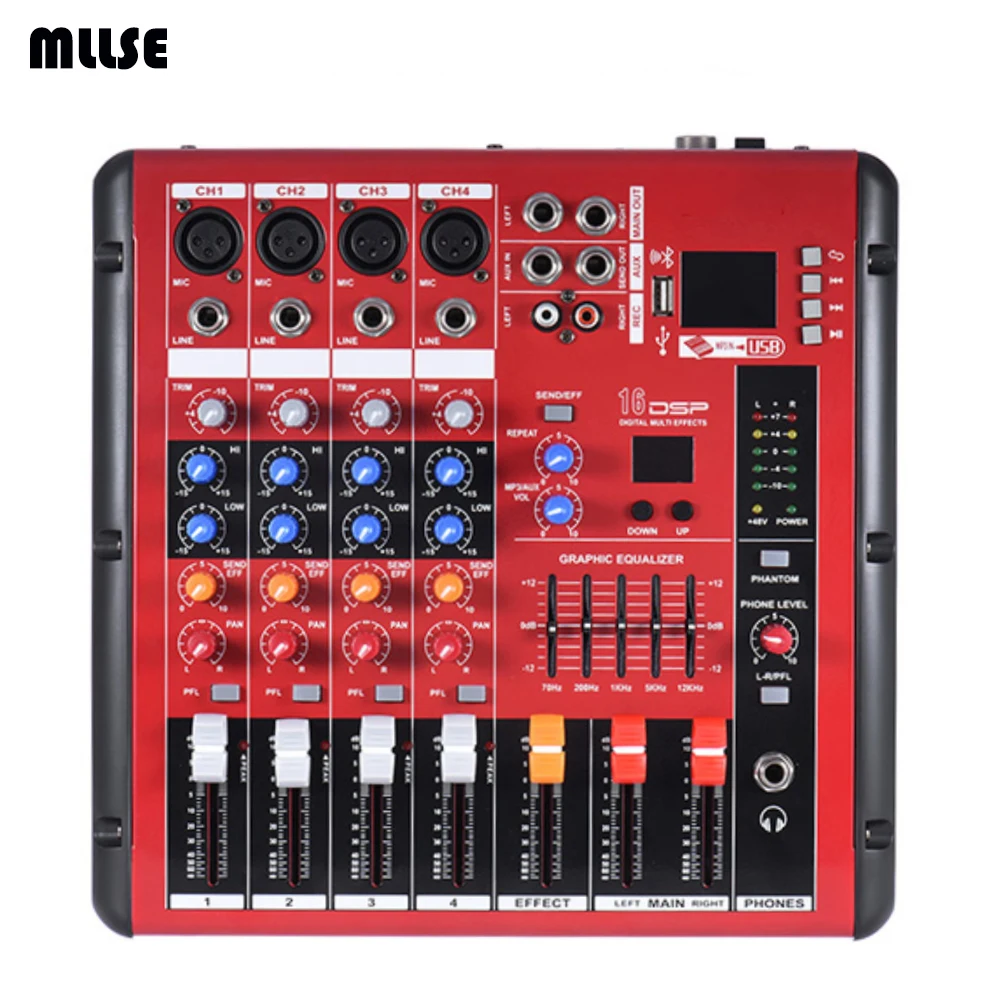 4 Channel Mini Table de Mixage, Mixer with USB Bluetooth Control, XLR/6
