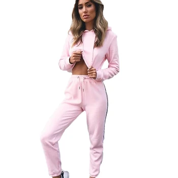 

Long Sleeve Hooded Crop Tops and Pants 2019 Striped Patchwork Fashion 2 Piece Set Women Autumn Tracksuits Pink Joggers Jumpsuits