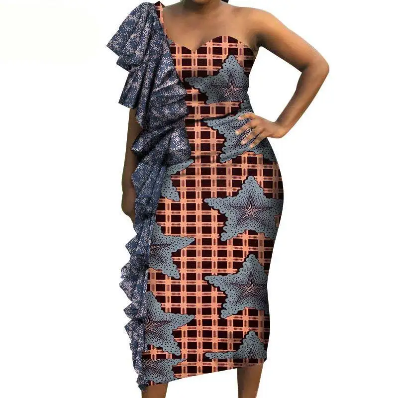 

2019 Summer Bazin Riche Wax Printing Dress Quality African Dashiki Shoulder Off Sexy Dress For Party Evening Wedding