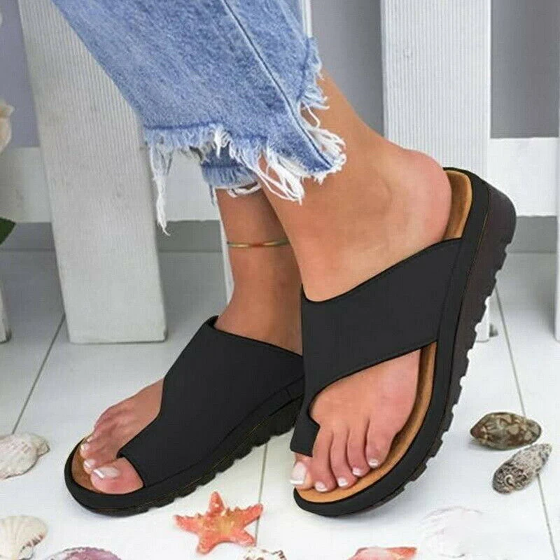 Women PU Leather Sandals Flip Flops Woman Shoes Platform Flat Sole Casual Orthopedic Bunion Corrector Ladies Foot Correction - Color: Black