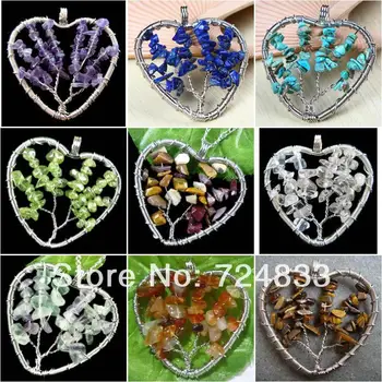 

New Fashion Hand Wrapped Mixed Stones Materials Heart Wire Wrap Chips Stones Life Tree Pendant Beads Bulk Wholesale