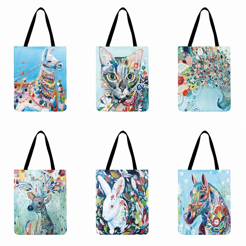 

Colourful Watercolor Animal Oil Painting Printed Tote Bag Casual Totes Foldable Shopping Bag Linen Fabric Outdoor Beach Bag