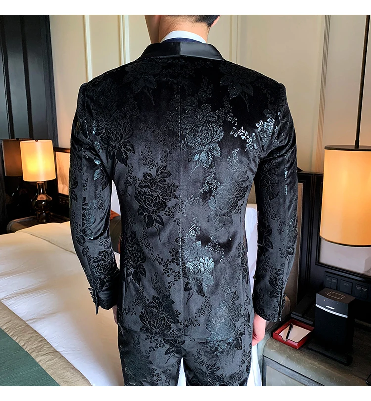 Black Navy Blue Velvet Suit Men Luxury Slim Fit Mens Velour Suits