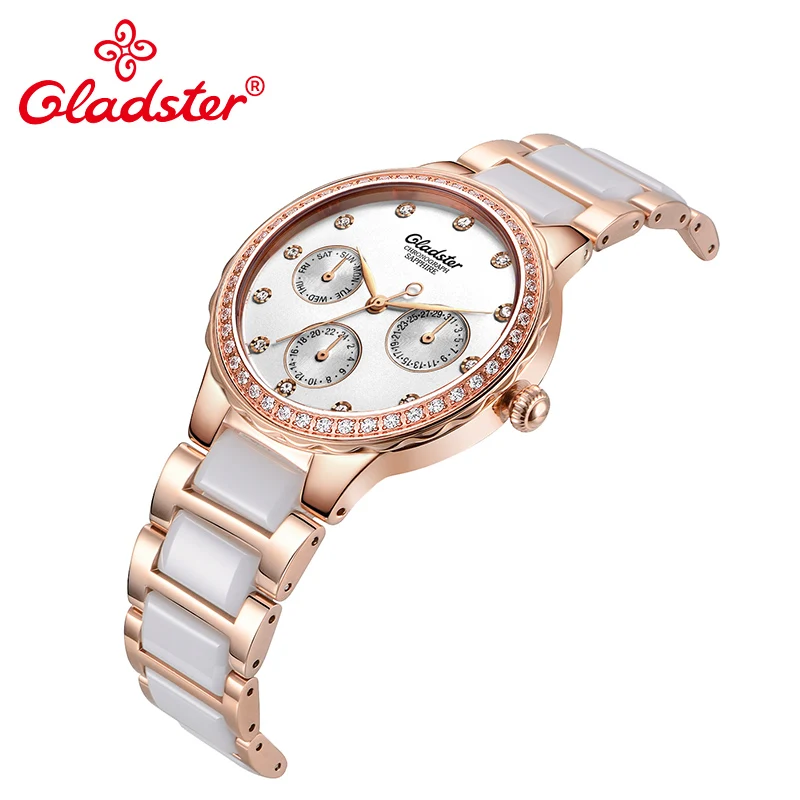 Gladster модные японские MIYOTA 6P29 женские часы роскошные керамические часы из нержавеющей стали Кристальные Кварцевые женские наручные часы