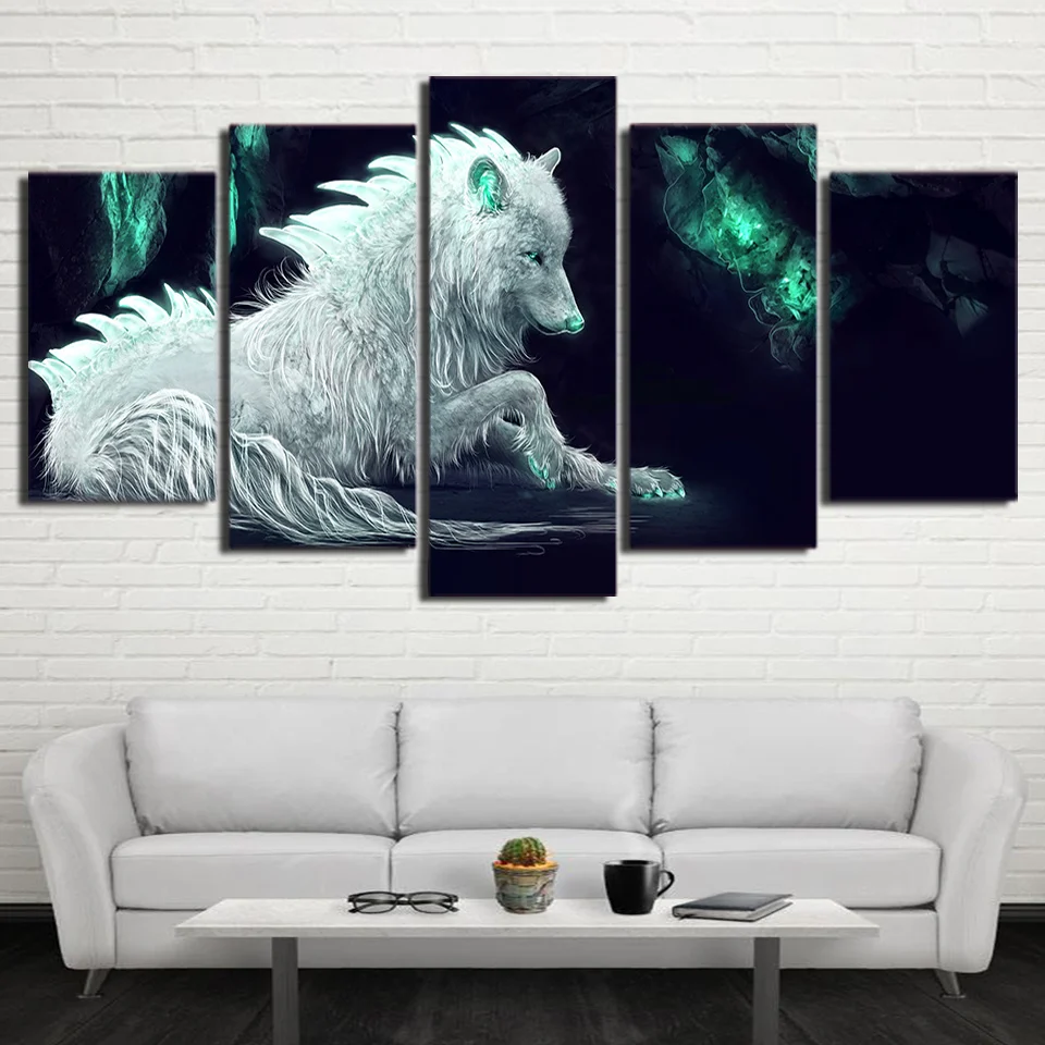 5 Pcs White Wolf Green Glowing Canvas HD Printed Poster Frame Painting Modular Wall Art Pictures Living Room Home Decor
