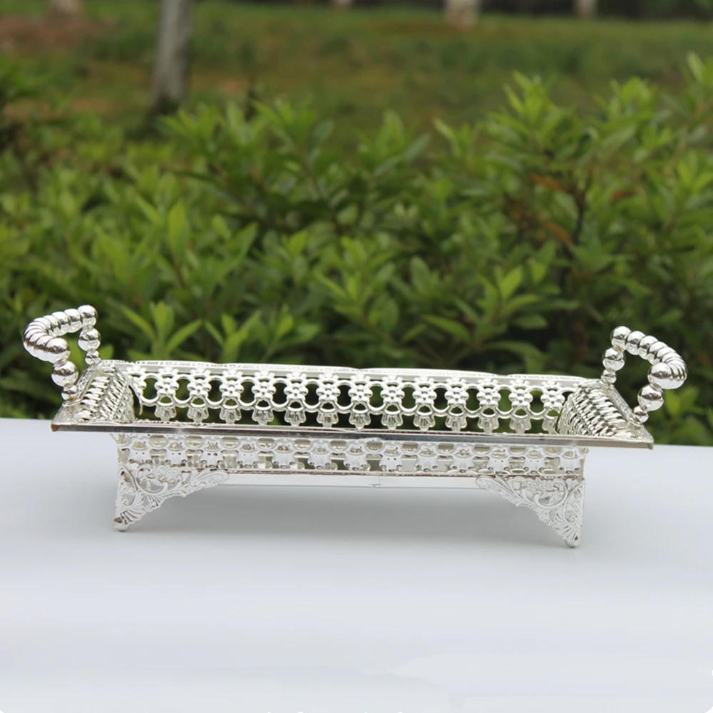 Luxury Shiny Silver Finish Metal Tray Hollow Snack plate Cake Stand