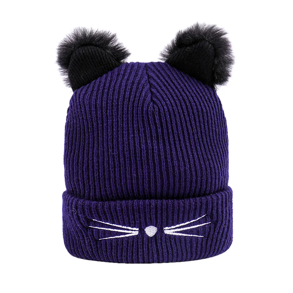

Women Winter Fashion Keep Cat Ear Knitted Wool Hemming Hat Ladies solid color cat wool warm simple headgear caps Casquette femme