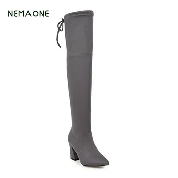 

NEMAONE 2019 New Autumn Winter Lace-Up Women Over -the-knee Boots Sexy Suede Slim Women Motorcycle Boots Thigh High Shoes Woman