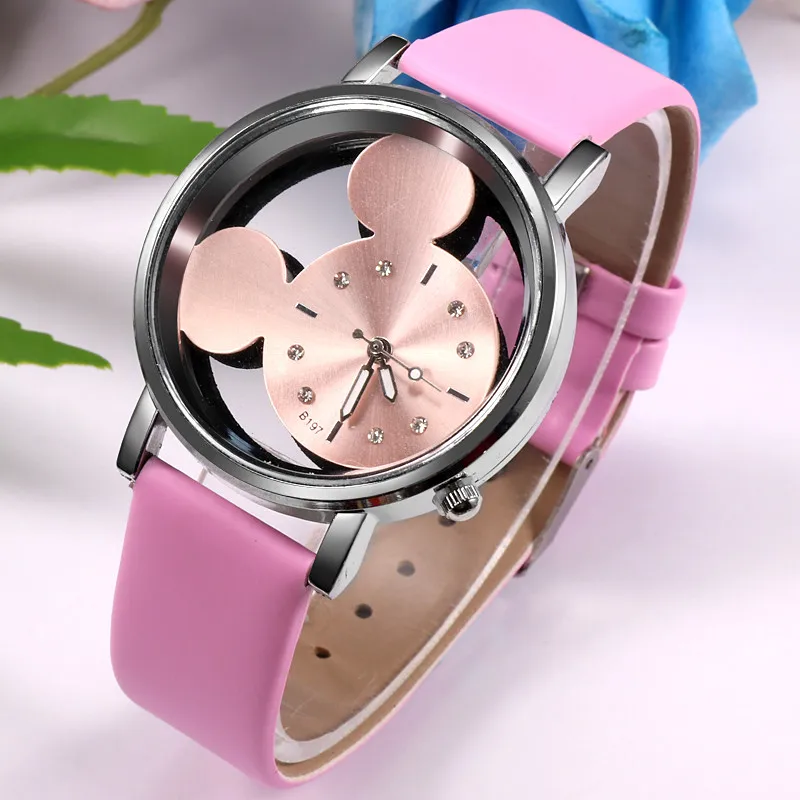Luxury Mickey Cartoon Women Watch Top Brand Fashion Leather Watch Ladies Dress Watch kadin izle Girl Gift Hodinky Relogios - Цвет: Розовый