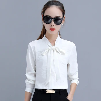 

Bow Decor Lady White Chiffon Shirts Size S-2XL V-Neck Style 2018 Women Long Sleeve Office Fashion Blouses