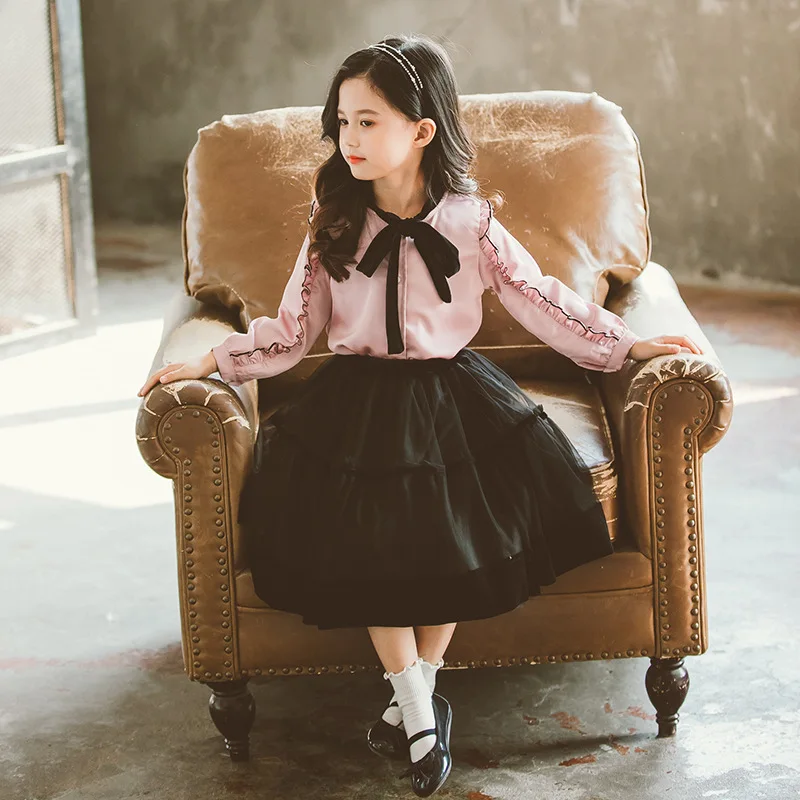 Fashion Princess Clothing Set Girls Bow Blouse and Solid Lace Skirt Two Piece Girl Spring Autumn School Teenage Sets|Комплекты одежды|