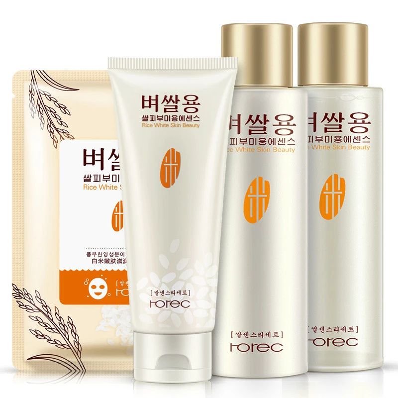 

4pcs White Rice Skin Care Kits Treatment Sets Face Cleanser; Water &ampemulsionfacial Mask Anti Aging Dry Combination Skin