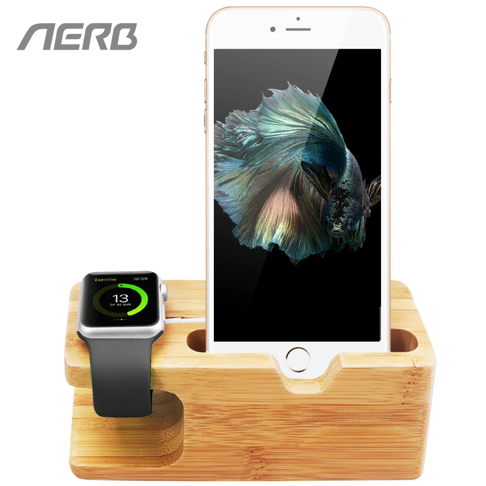 

Aerb Bamboo Phone Holder For iPhone 6 6s Charging Dock Woodden Station Desktop Stand For Apple Watch & iPhone 7 8 Plus X XR XS