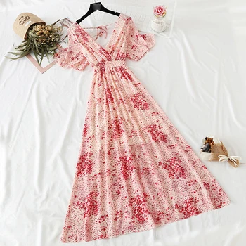 

2019 Women Summer V Neck Ruffle sleeve Vintage Boho Long Floral National Chiffon Dresses Party Beach Dress Floral Sundress YF131