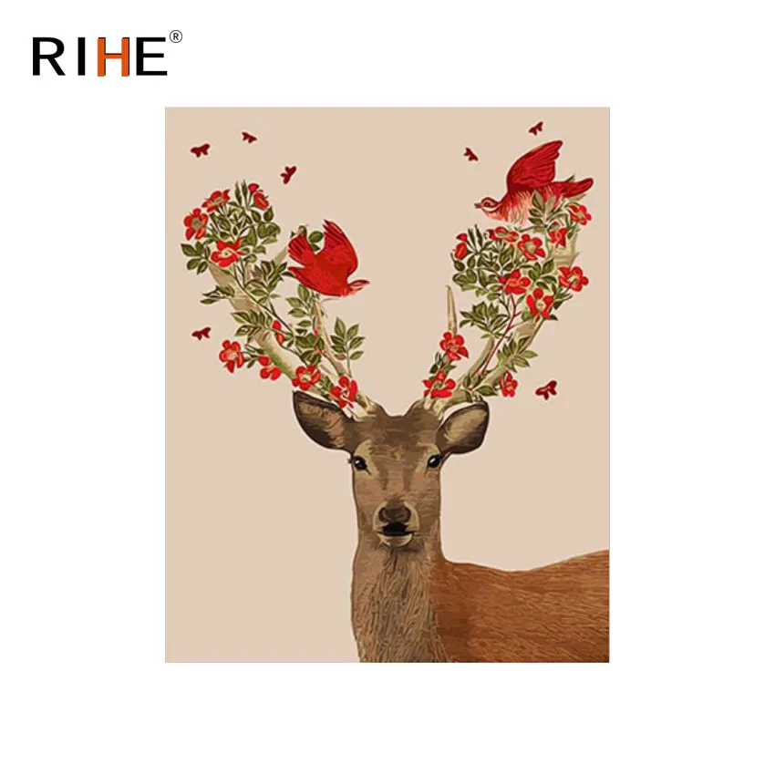 

RIHE Deer Flower Diy Painting By Numbers Animal Bird Oil Painting On Canvas Hand Painted Cuadros Decoracion Acrylic Paint Art