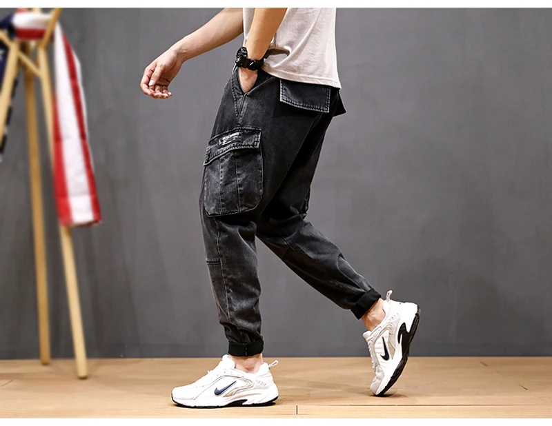 Модная уличная Для мужчин джинсы Loose Fit большой карман штаны-карго из денима брюки Малый нога джинсы-шаровары с дизайнер хип-хоп джинсы Для