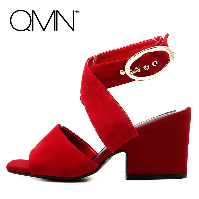 QMN women genuine leather sandals Women Ankle Wrap High-Heeled Sandals Summer Leisure Shoes Woman Natural Suede Sandals 34-41