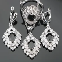 Свадебные Черный Цирконий белый серебряные 925 Ювелирные наборы кулон/Цепочки и ожерелья цепь/Кольцо/Серьги 3 шт. Наборы для ухода за кожей для женщин