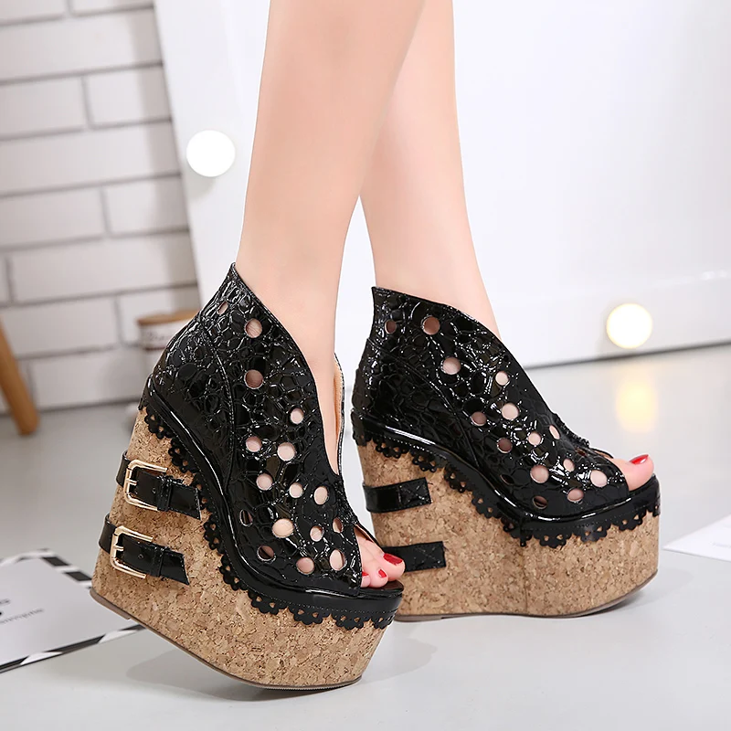 Catching 2017 Ladies Larger Size Wood Grain Wedge Heel Buckle Customized Shoes Full Genuine Leather High Heels Women Pump OL