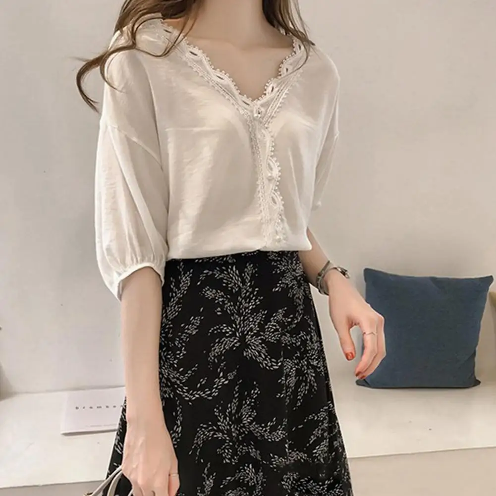 

2019 New Yfashion Women Summer Stylish Elegant V-neck Lace Hollow Elbow Sleeve T Shirt Top Selling