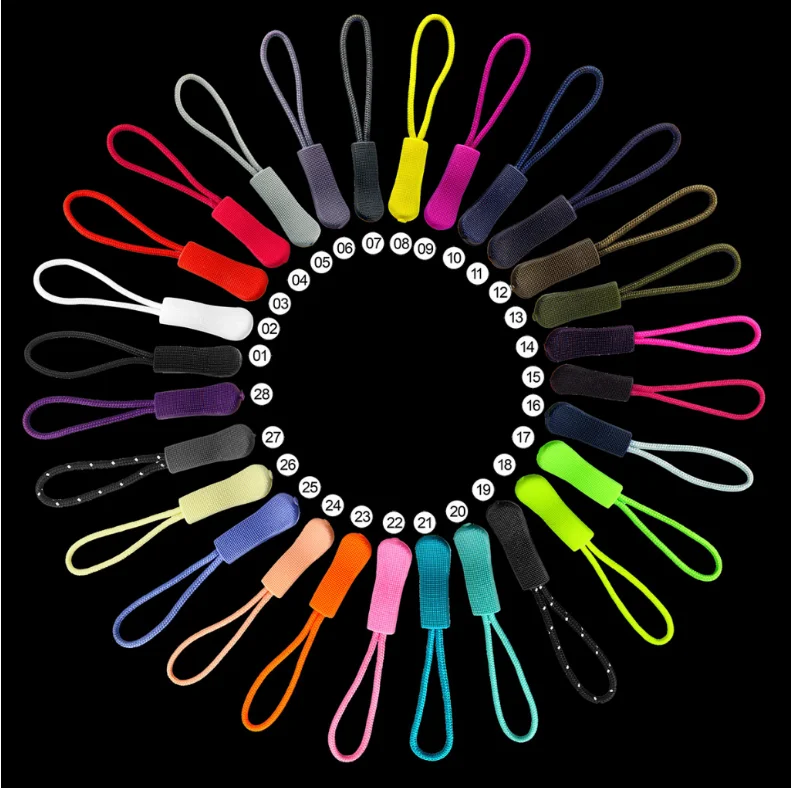 

Free shipping 10pcs 7mm zipper slider zipper slip rope puller detachable clip slider cord for bags garment accessory 29 colors