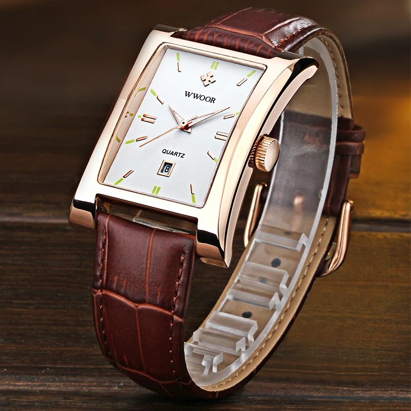 WWOOR Top Brand Luxury Men's Square Quartz Watch Men Waterproof Genuine Leather Casual Sports Business Wrist Watch Date Clock