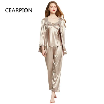 

CEARPION 3PCS Pajamas Set Satin Sleepwear Sexy Lace Nightwear Women Lingerie+Bathrobe+Pants Set Dressing Gown Plus Size