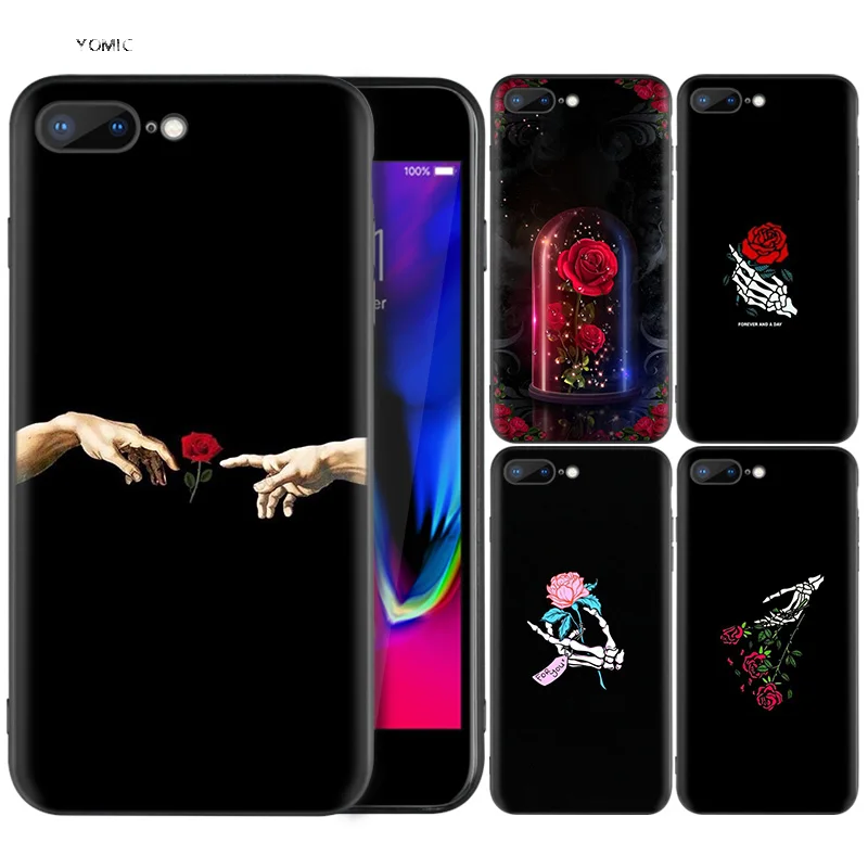 

Silicone Case Shell Coque for iPhone 7 8 6 6S Plus X XS MAX XR 5C 5 5S SE 7Plus 8Plus 7+ 8+ Red Black Rose Flower