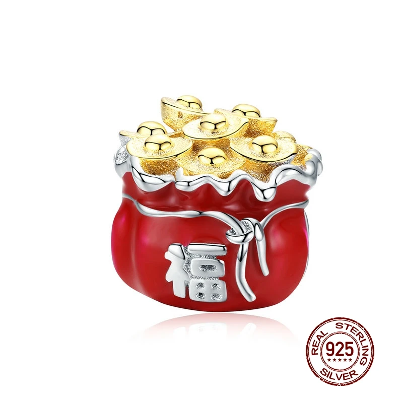 

WOSTU 100% 925 Sterling Silver Red Enamel Charm Lucky Fortune Bag Beads Fit Original Pandora Bracelet Pendant Jewelry BNC100