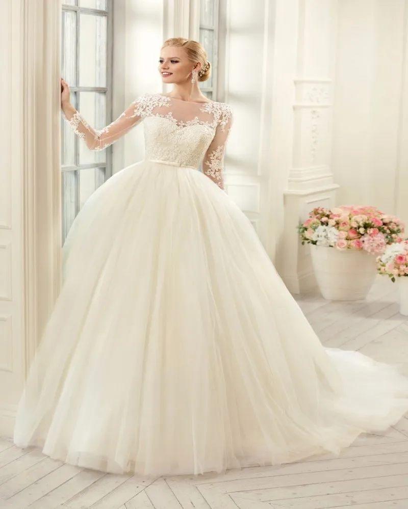 New Design 2016 Ball Gown Wedding Dress Elegant Lace Long Sleeve