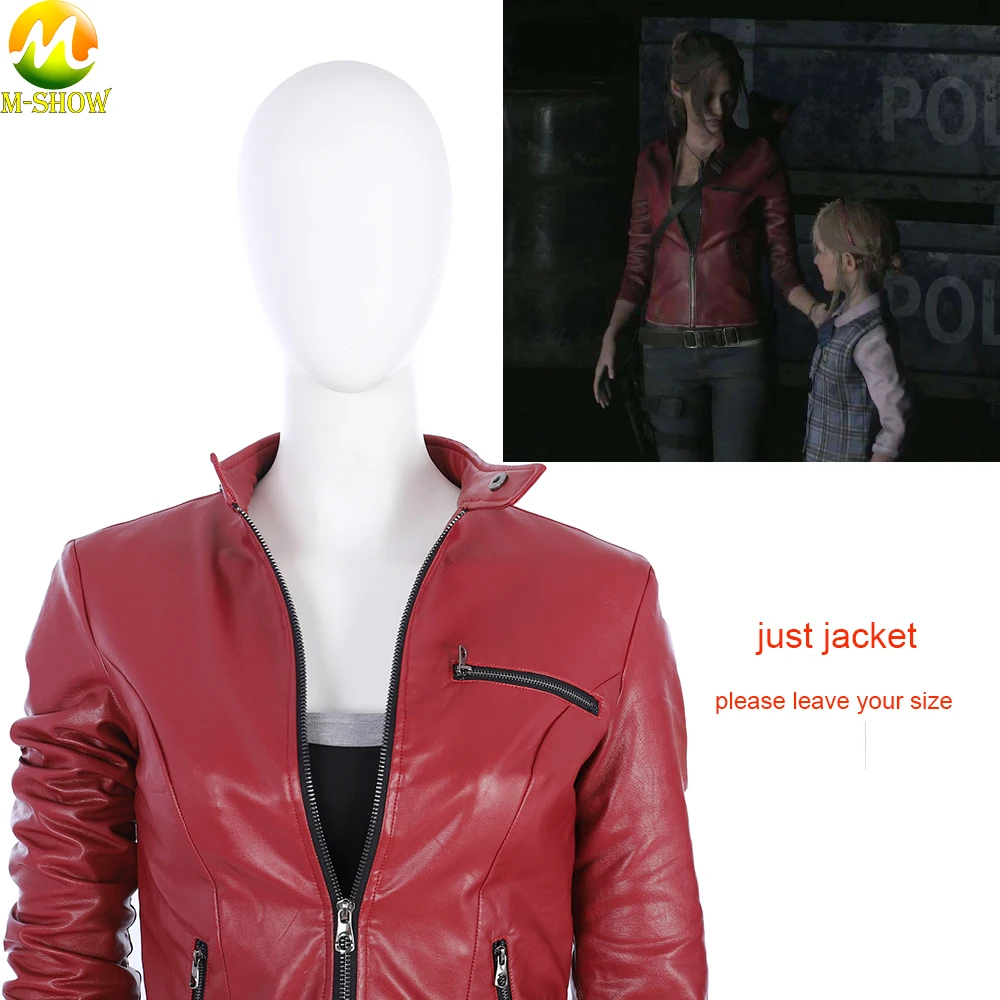 

Women Custom Game Resident Evil 2 Cosplay Costume Claire Red Jacket PU Material Back with embossing For Halloween