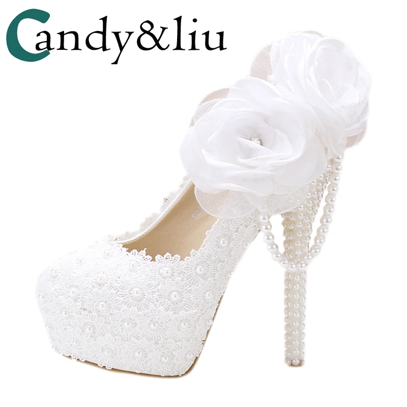 

shoes white lace flower wedding shoes high-heeled shoes super waterproof wedding bride with fine pearl pendant women pumps
