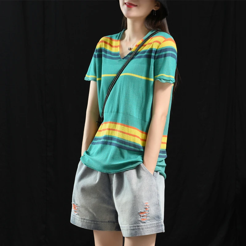 Summer T-shirt Retro Women Loose Knitting Pullovers New Tops V-Neck Short Sleeve Striped Mori girl Vintage Casual 2019 | Женская одежда