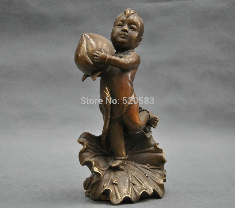 

8'' China Folk Boy Kid Hold Peach Stand Lotus Bronze Statue