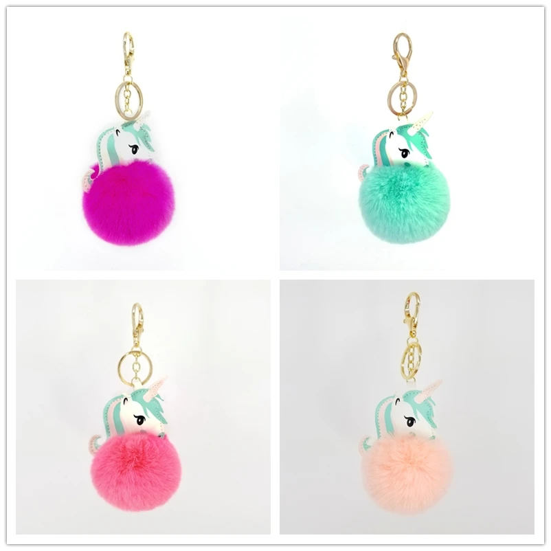 

Lovely Unicorn Keychain Leather Chains Plush Balls Key Ring Women Bag Pendant Couple key Chain Handmade Car Pendants Decoration