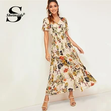 Sheinside Boho тропический принт рубашка платье для женщин Лето короткий рукав эластичный шнурок на талии платья женское плиссированное платье