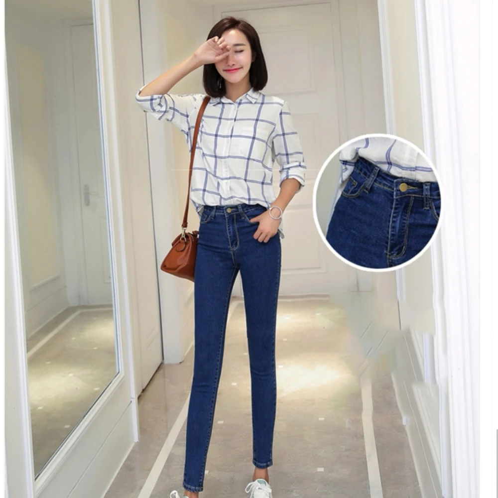 Nueva versión azul coreana para mujer Primavera y estilo de otoño ajustada cómoda elástica de algodón de cintura alta para adelgazar|Pantalones vaqueros| - AliExpress