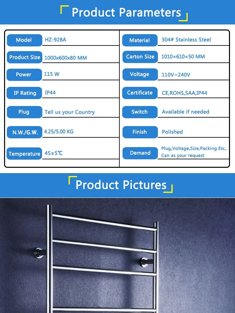 Bathroom accessory ladder wall mounted heated towel rail towel warmer towel rack towel dryer with round bar HZ-928A