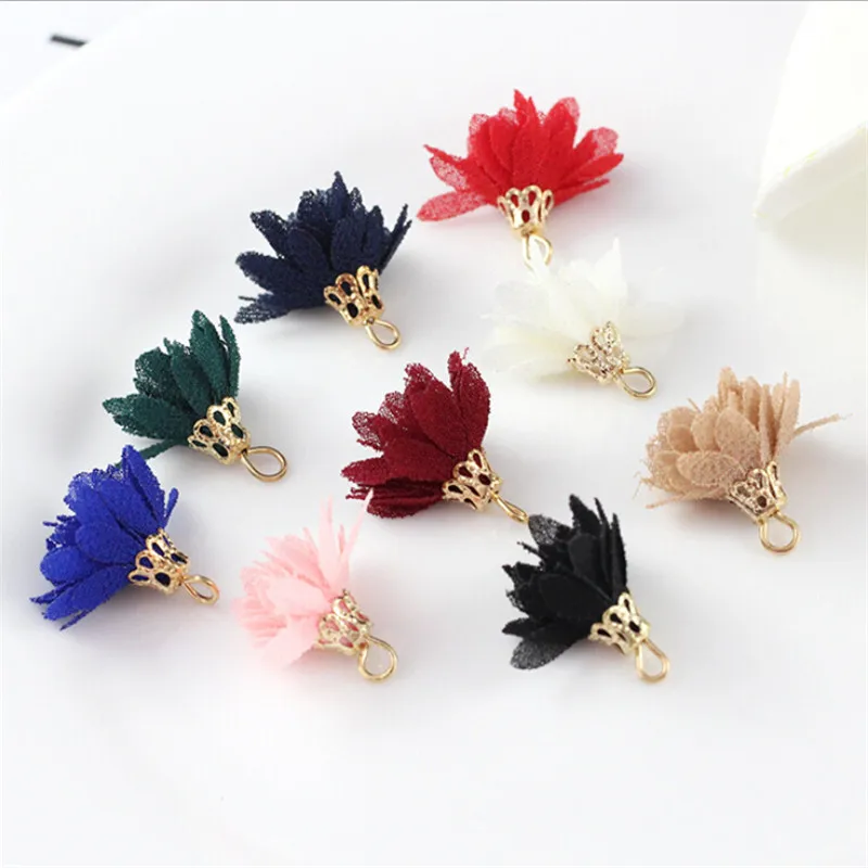 50pcs/lot wholesale new 15mm charms silk tassel with gold cap fabric