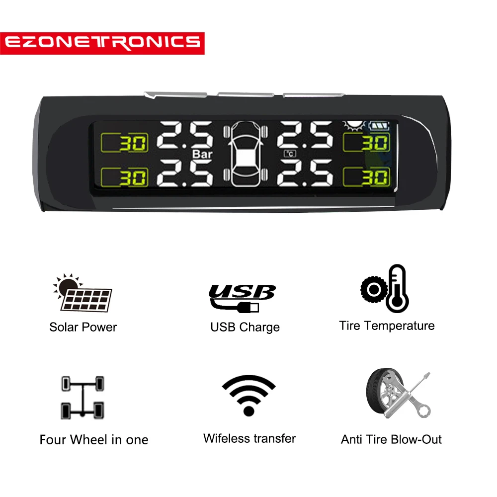 

Solar TPMS Tire Pressure Alarm Monitor System Wireless 4 Internal / External Sensor Car Temperature Solar Power LCD Display Auto