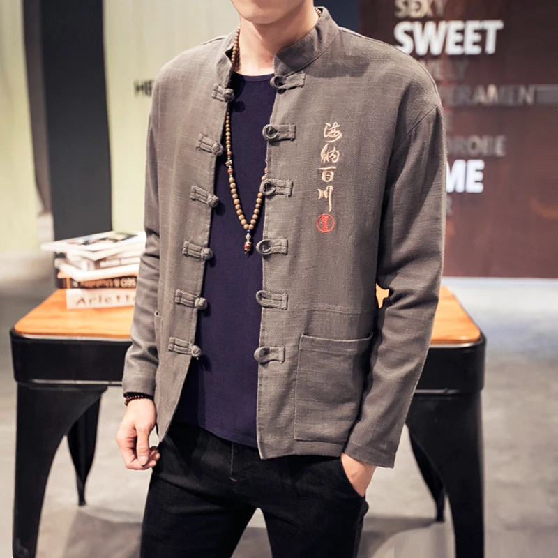 Chinese Style Jackets Mens Linen Jaqueta Masculina Mandarin Collar