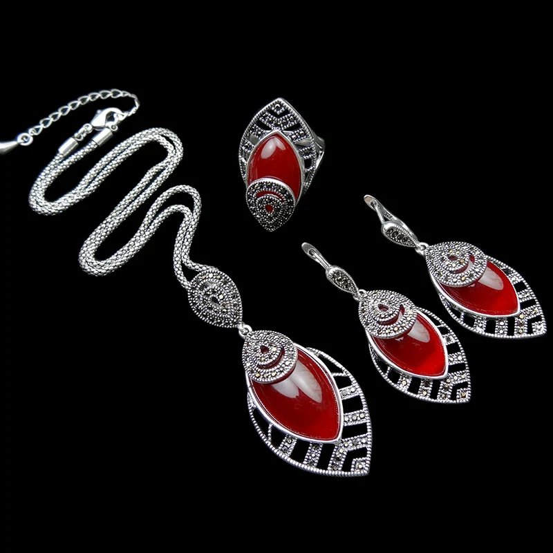 HENSEN Jewellery New Arrival Vintage Silver Plated Resin And Retro Crystal Fashion Red Jewelry Set For