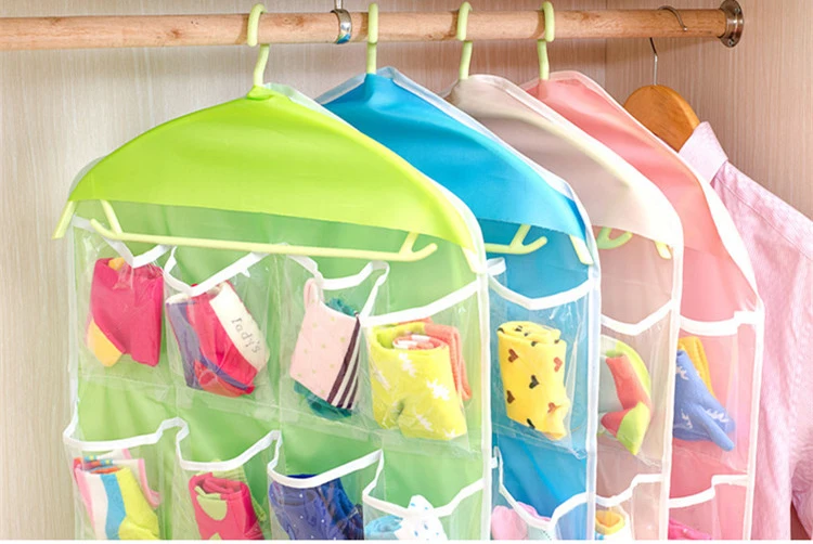 2017 new 16 Pockets Clear Hanging Bag Socks Bra Underwear Rack Hanger Storage Organizer closet clothes organizing bags (11)