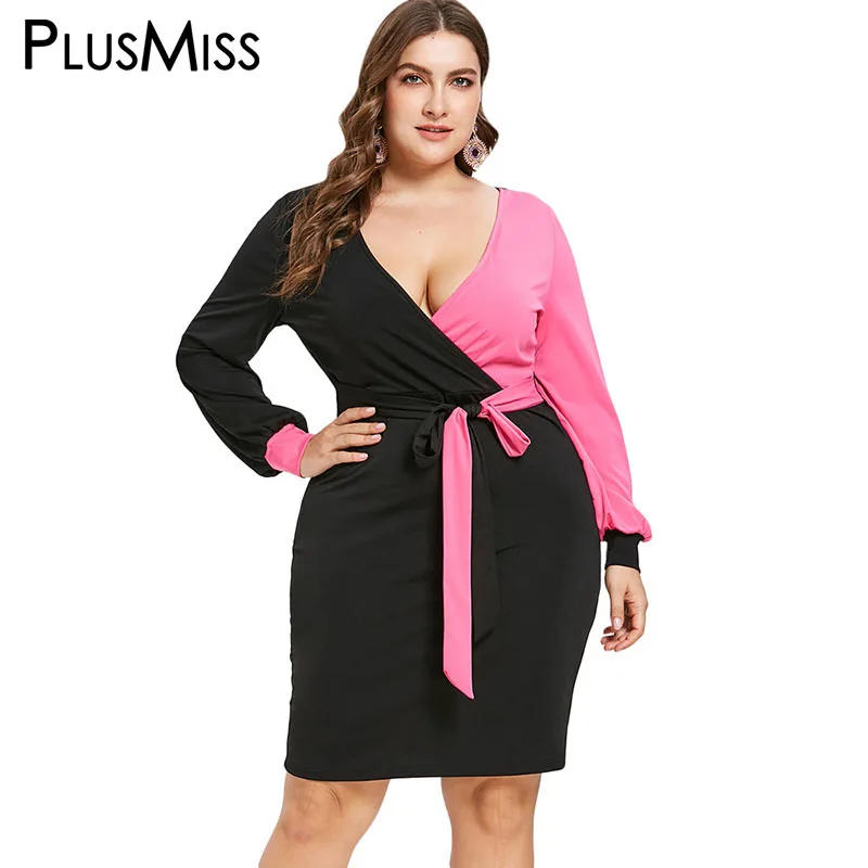 PlusMiss Plus Size Patchwork Bodycon Sexy Evening V Neck Party Dresses