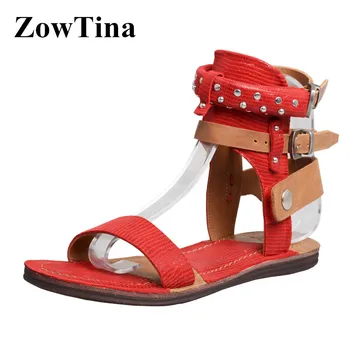 

Vintage Red Leather Women Flats Sandals Studded Ankle Strap Casual Summer Beach Shoes Buckle Ladies Bohemian Sandalias Femmes
