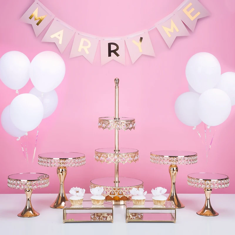 

7pcs/set Cake Round Stand Mirror Dessert Metal Display Snack Holder Pedestal Party