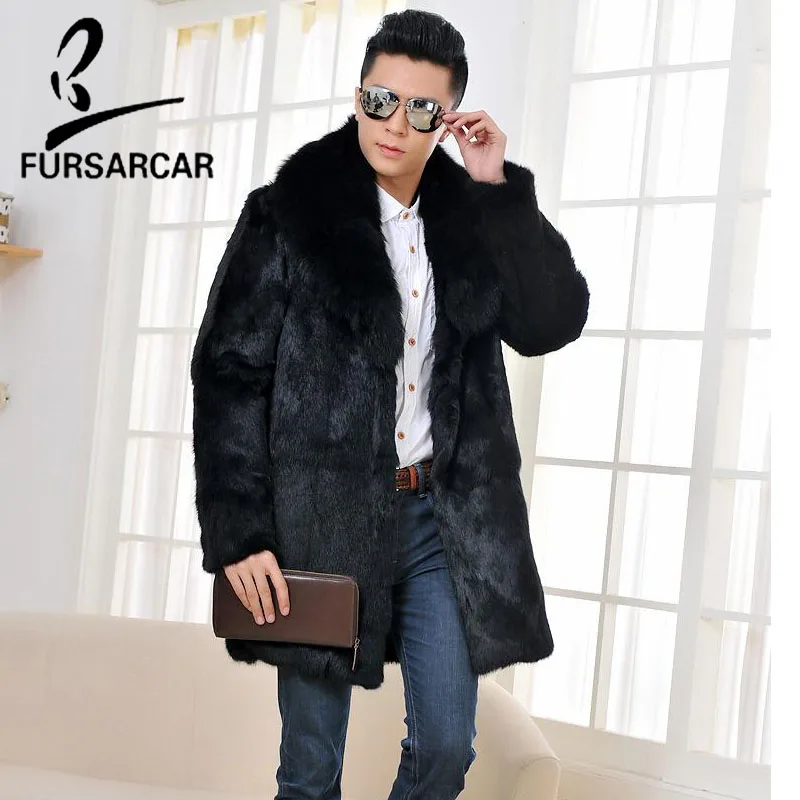FURSARCAR New Real Whole Skin Rabbit Fur Coat With Fur Collar Warm